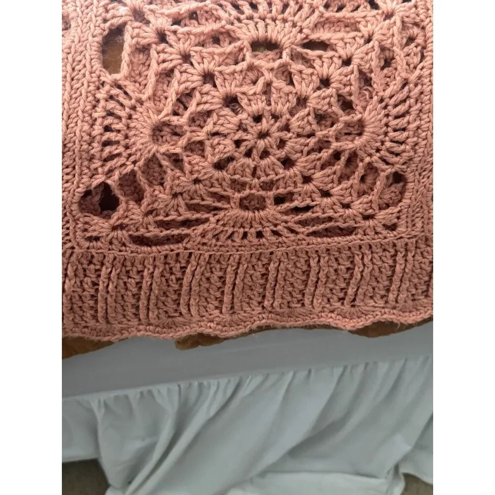 Vintage Style Handmade Crochet Blanket Pink Floral Medallion Cottagecore 64x80